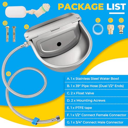 NATGAI Automatic Water Bowl with Float Valve, Auto Filling Water Dispenser | 304 Stainless Steel Dog Water Bowl Dispenser Kit for Outdoor Farm, Ranch, Goat, Horse, Poultry, Livestock