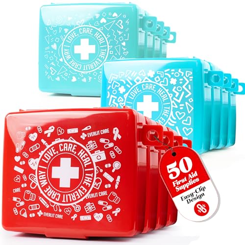 EVERLIT Pocket-Aid Mini First Aid Kit | Compact, Portable Hard-Shell Cases of 50 Items | Cuts, Scrapes, Wound Care Essentials for Travel, Outdoor, School, Camping, Home, Office (12 Packs | 600 Pcs) - size: 12 Packs | 600 Pcs