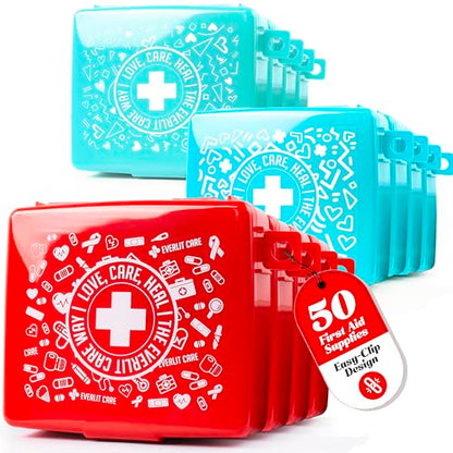 EVERLIT Pocket-Aid Mini First Aid Kit | Compact, Portable Hard-Shell Cases of 50 Items | Cuts, Scrapes, Wound Care Essentials for Travel, Outdoor, School, Camping, Home, Office (12 Packs | 600 Pcs) - size: 12 Packs | 600 Pcs