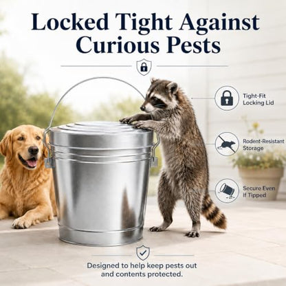 6 Gallon Galvanized Steel Storage Can with Locking Lid, Heavy Duty Rodent-Proof Metal Pail with Wire Bail Handle for Bird Seed, Chicken Feed, Dry Pet Food, Charcoal Ash and Outdoor Storage