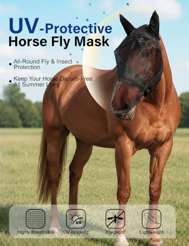 Horse Fly Mask with Nose Cover, UV-Protective Fly Mask for Horses - size: Large, style: Long Nose