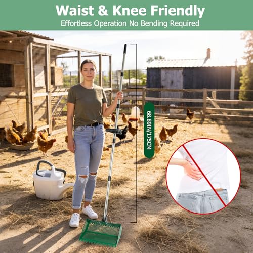 2-in-1 Metal Chicken Coop Pooper Scooper&Rake with 175CM Adjustable Handle | 12inch Green Chicken Litter Scoop for Coop Sand & Pet Farm Animal Waste, Durable Litter Sifting Shovel with Detachable Handle