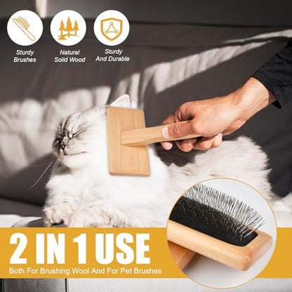 Lainballow 4 PCS Wool Carders, Wooden Hand Carders for Wool, Needle Felting Brush, Slicker Brush with Solid Wood Handle for Craft Felt Project, Dogs, Cat