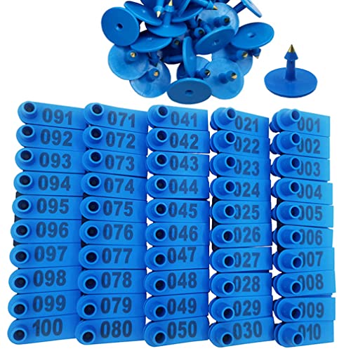 100PCS 001-100 Number Plastic Livestock Ear Tags Farm Animal Tags ID Tags Pink Green Blue Ear Tagger for Cow Cattle Sheep Goats Pigs Hogs Mark Label (Blue) - color: Blue
