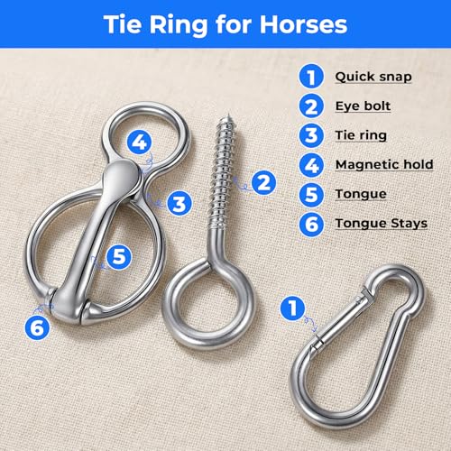 2 Sets Horse Tie Ring, Stainless Steel Magnetic Tie Ring for Horses, Safe Horse Training Equipment with Eye Bolt & Quick Snap, Horses Tack Supplies for Stables, Trailers, Fences