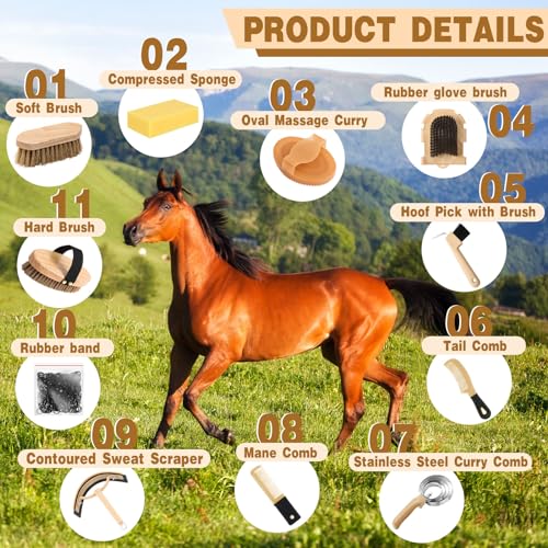 Abbylike 12 Pieces Horse Grooming Kit Equine Care Brushes, Khaki - color: Khaki
