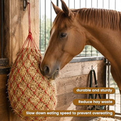 Slow Feed Hay Nets for Horses, 2 Pack, 40 Inch, 2 Inch Holes, Red - color: Red