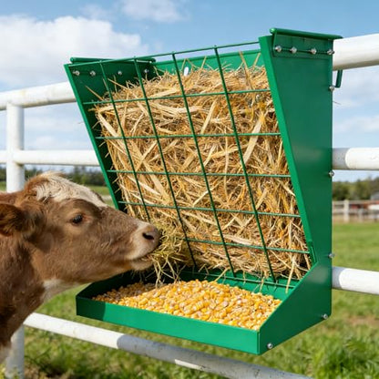 2 in 1 Wall Mount Hay and Grain Feeder, 25 Gallons Livestock Feeder | Galvanized Steel Wall Hay Rack, Hanging Hay Feeder with Mounting Kit for Goats Sheep Horse, Slow Feeder for Goats with Trough