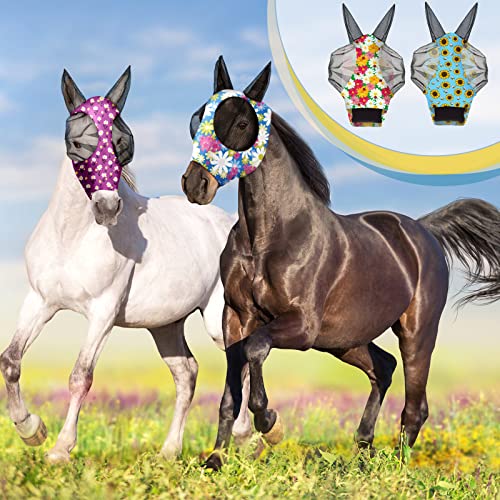 Frienda 4 Pcs Horse Fly Mask with Ears Mesh Comfort, Flower, Medium - size: Medium