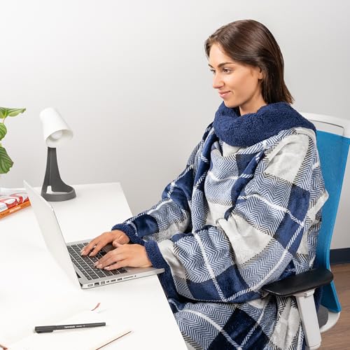 PAVILIA Sherpa Wearable Blanket with Sleeves and Pocket, Plush Thick Cozy Body Blanket Wrap for Adult Women Men, Christmas Gift for Wife Mom, Plaid Navy Blue - color: Plaid Navy