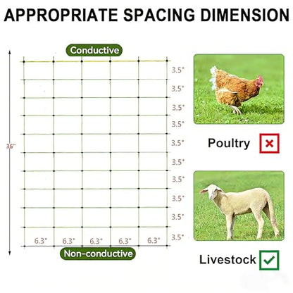TMEE Electric Goat Sheep Fencing Livestock Netting Fence with 14 Posts, Double Spiked, Portable Mesh for Lambs, Deer, Hogs, Dogs, 35.5" H x 164' L, Green - size: 35.5" H