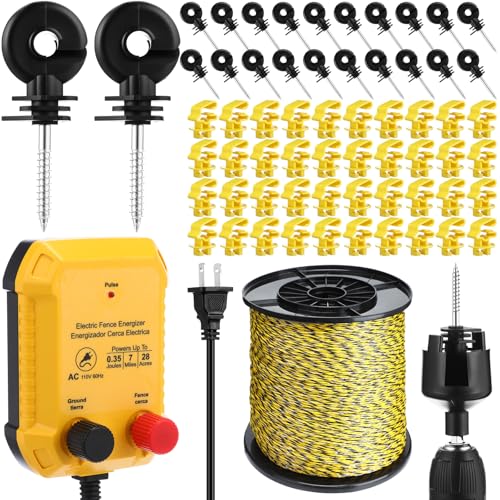 Electric Fence Kit, 7 Mile 110 VAC 0.35 J Fence Charger, 3366 ft Polywire - size: 3366FT, style: 0.35J