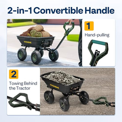 VIVOHOME 660lbs Wheelbarrow Dump Garden Cart with 2-in-1 Convertible Handle | Attach to ATV or Tractor, 10" All Terrain Wheels, Heavy Duty Utility Trailer for Yard - color: Green