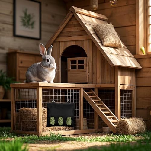 2 Pcs Rabbit Hay Feeder,Guinea Pig Hay Feeder,13×10.8 Inch Guinea Pig Bag,Small Animal Feeding Bag for Rabbits, Hamsters, Hedgehogs (3 Holes,Black) - color: black