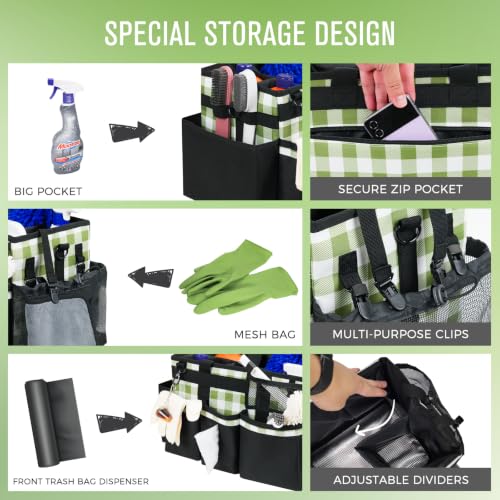 SCAVATA Wearable Cleaning Caddy, Cleaning Caddy Supplies Organizer with Handle & Shoulder Straps for Housekeepers, Under Sink & Car Cleaning Tool Organizers Bag with 4 Foldable Divider (GreenPlaid) - color: GreenPlaid