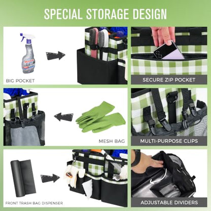 SCAVATA Wearable Cleaning Caddy, Cleaning Caddy Supplies Organizer with Handle & Shoulder Straps for Housekeepers, Under Sink & Car Cleaning Tool Organizers Bag with 4 Foldable Divider (GreenPlaid) - color: GreenPlaid