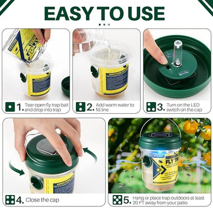 Qualirey 3 Fly Traps Outdoor with 3 Non Toxic Dissolvable Bait Refills, Reusable Insect Catcher Killer for All Filth Flies with Solar LED Light Design, Fruit Flies Traps for Outside Bug Control Yard