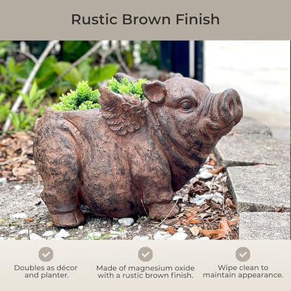 Zeckos Animal Planter, 17 Inch Flying Pig with Distressed Brown Finish | Magnesium Oxide, Drain Hole, 8 by 5 Inch Planting Opening, Indoor or Outdoor Use - color: Pig Wings - Brown