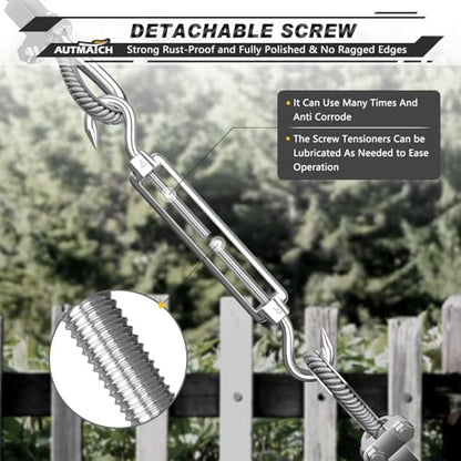 AUTMATCH M4 Hook&Hook Turnbuckle - 304 Stainless Steel Wire Rope Tensioner | Adjustable Turnbuckle for Cable Railing, Fence & Shade Sail Hardware, Wire Rope Tension Kit, 6-Pack, Silver - color: Silver Tone - Hook & Hook, size: M4