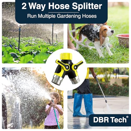 DBR Tech® Hose Splitter 2 Way, Heavy Duty Metal Connector, Two Way Garden Hose Splitter, High Flow Spigot Faucet Bib Adapter, Solid Double Y Shut Off Valve for Outdoor Gardening Hoses, Yellow - color: Yellow