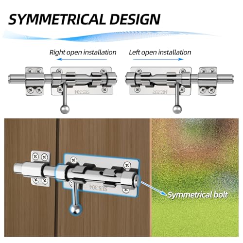 Barrel Bolt Latch, 6.3" Heavy Duty Gate Latch Slide Lock Solid 304 Stainless Steel Bolt Lock for Inside Door, Finished Shed Door Latch (2 Pack, Silver) - color: Silver 6inch