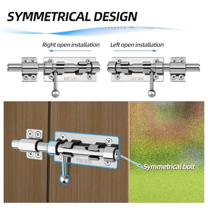 Barrel Bolt Latch, 6.3" Heavy Duty Gate Latch Slide Lock Solid 304 Stainless Steel Bolt Lock for Inside Door, Finished Shed Door Latch (2 Pack, Silver) - color: Silver 6inch