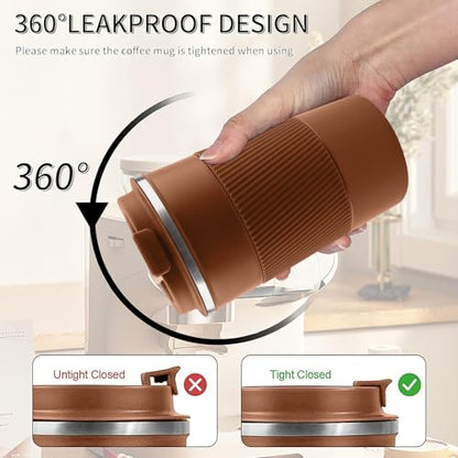 Insulated Travel Coffee Mug, Stainless Steel Coffee Cup with Leakproof Lid - color: Brown, size: 12 Ounces