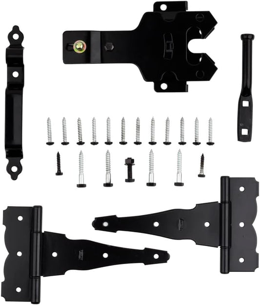 National Hardware N109-308 V8422 Deluxe Decorative T-Hinge Gate Kit Black Steel Finish Hinges with Latch Strike Pull for Wood Vinyl Metal Outdoor Fence Gates, 2 Count (Pack of 5) - size: Pack of 5