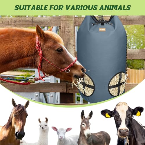Hay Bags for Horses,4 Holes Slow Feeder Hay Bags for Goats,Sheep,Donkeys,Large Capacity Hay Feeder with Adjustable Top Opening for Easy Filling(Grey)