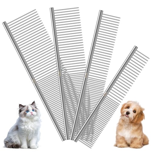 WRW 4 Pack Dog Comb, Metal Comb for Dog Cat Pet | Stainless Steel Dog Combs Flea Comb with Rounded Teeth for Grooming Matting, Poodle Comb for Long and Short Hair Pets