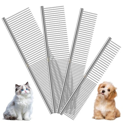 WRW 4 Pack Dog Comb, Metal Comb for Dog Cat Pet | Stainless Steel Dog Combs Flea Comb with Rounded Teeth for Grooming Matting, Poodle Comb for Long and Short Hair Pets
