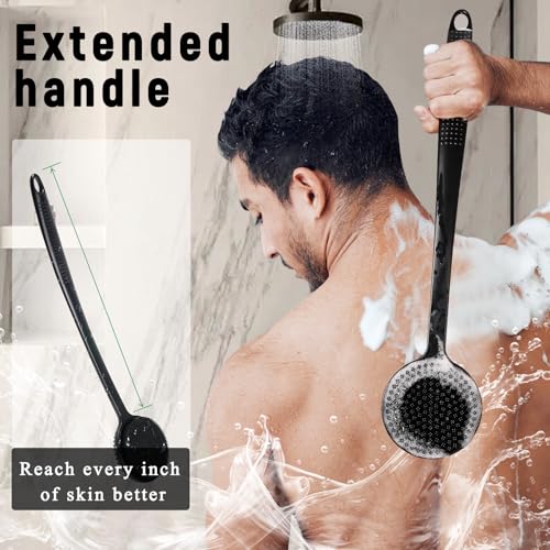 2 Pack Back Scrubber for Shower, 17in Lengthen Long Handle Body Brush, Double Sided Shower Brush for Shower Exfoliating and Massage Can Produce Rich Foam, Long Handle Back Scrubber for Men - color: 2pc-black