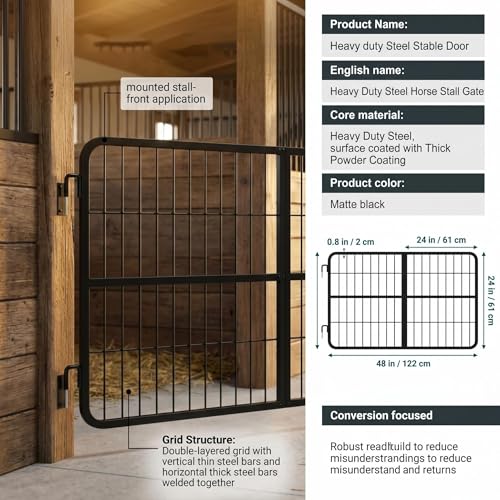 Horse Stall Gates, Horse Stall Door Guards, Stall Gates for Horses, Durable Heavy Duty Steel Mounted Gate, Matte Black Powder Coated, 48 By 24 Inch, Open View Two-Way Access - size: 24"H x 0.8" x 48"L