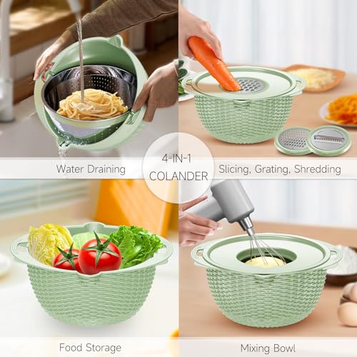 4-1 Strainer with Bowl & Spoons Set - Strainers and Colanders - Colanders for kitchen(Patented) - Pasta Strainer with Upgraded Graters & Spoons for Fruit Veggie Kitchen Essentials, Green - color: Green