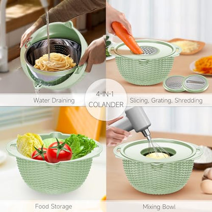 4-1 Strainer with Bowl & Spoons Set - Strainers and Colanders - Colanders for kitchen(Patented) - Pasta Strainer with Upgraded Graters & Spoons for Fruit Veggie Kitchen Essentials, Green - color: Green