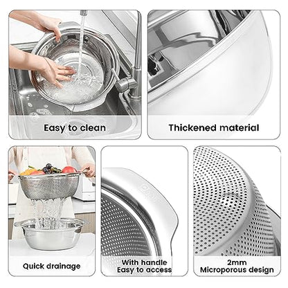 Paoli 304 Stainless Steel Fine Mesh Colander Set, 2.5QT Large Capacity Strainer with Mixing Bowl — Rinse Fruits, Veggies, Rice & Drain Pasta, Dishwasher Safe (2-Piece) - color: Primary color with handle, size: 2.5qt