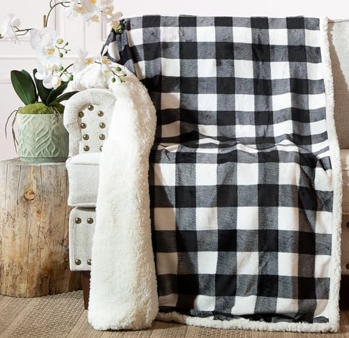 Carstens, Inc. Ultra Premium Super Soft Plush Sherpa Fleece Oversized Throw Blanket 54" x 68", Black & White Buffalo Plaid - color: Black & White Buffalo Plaid