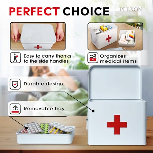 Plexon 8.5" Metal First Aid Box Empty, Medicine Storage Bin with Lid, Emergency Supplies Organizer, Portable First Aid Kit Case, White - color: White