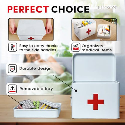 Plexon 8.5" Metal First Aid Box Empty, Medicine Storage Bin with Lid, Emergency Supplies Organizer, Portable First Aid Kit Case, White - color: White
