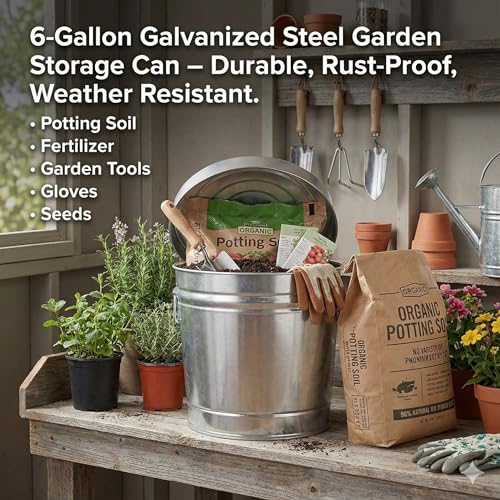 6-Gallon Galvanized Steel Storage Can with Lid, Heavy-Duty Metal Trash Can for Outdoor, Indoor Use, Pet Food Container, Bird Seed Storage, Ash Bucket, Rodent Proof, Ideal for Garage, Garden, Patio