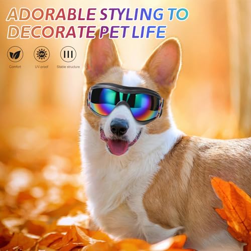 Dog Sunglasses Dog Goggles, UV Wind Dust Fog Protection Pet Glasses Eye Wear with Adjustable Strap for Medium or Large Size (Laser)