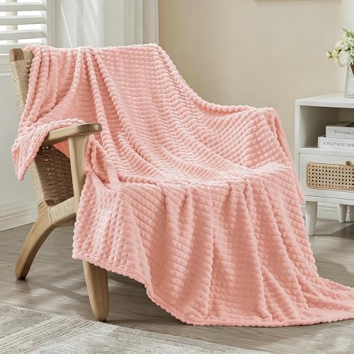 EMME Fleece Blanket Twin Size Luxury Flannel for Couch Bed Sofa Chair, Soft, Plush, Warm and Cozy Blanket with Geometric Grid Design (Pink, 60'' x 80'') - color: 14-grid-pink, size: Twin