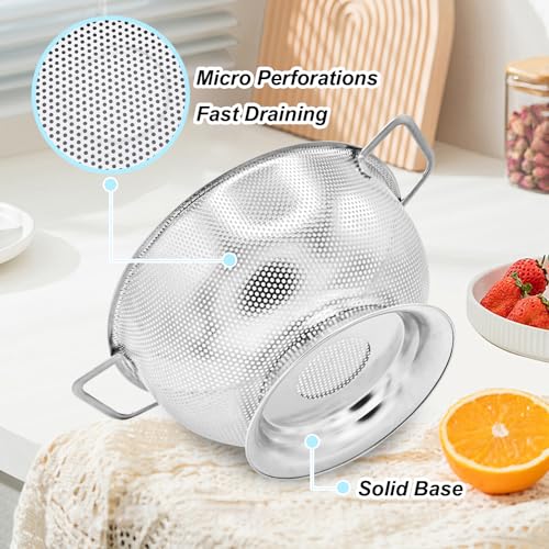 304 Stainless Steel Colander, Micro-Perforated 5-Quart Strainer with Base, Dishwasher Safe. Great for Pasta, Noodles, Vegetables & Fruits - size: 5QT