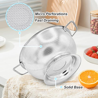 304 Stainless Steel Colander, Micro-Perforated 5-Quart Strainer with Base, Dishwasher Safe. Great for Pasta, Noodles, Vegetables & Fruits - size: 5QT