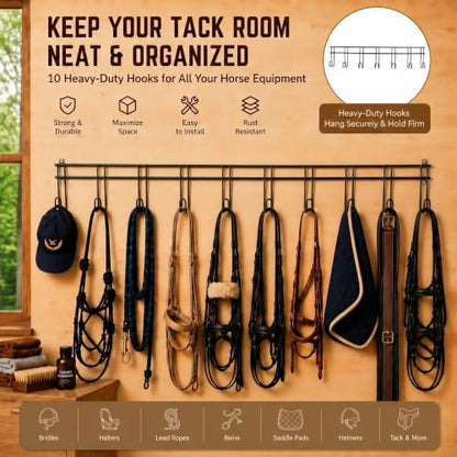 Yaocom 10 Hook 2 Pcs Bridle Hooks Tack Room Metal Wall Hangers Rack, Black - style: 10 Hook