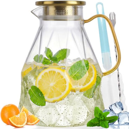 Glass Pitcher, 2.2 Liter Water Pitcher With Lid | Iced Tea Pitcher for Fridge,Carafe With Lid, Glass Water Jug For Juice, Milk, Cold Or Hot Beverages, 2.2 Liter-New - size: 74.7 Ounces