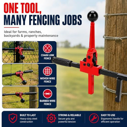 Chain Link Fence Stretcher Tool Heavy Duty, Fence Puller for Chain Link & Woven Wire Fence, 3-12" Adjustable Tension Range with Tilted Base & Hook Groove for Farm Garden Fence Repair