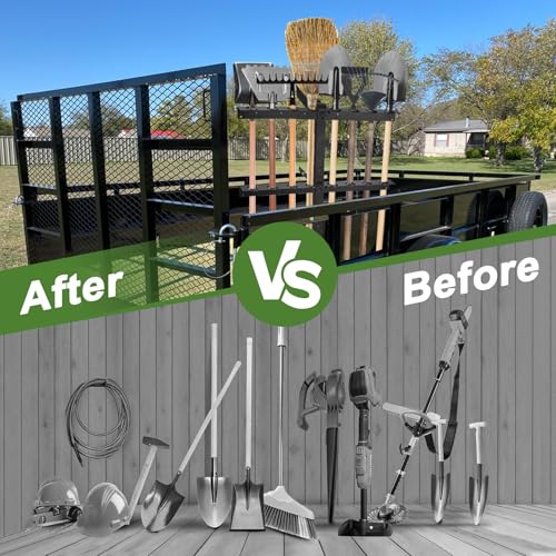 Upgraded Utility Trailer Tool Rack, 8-Hole Shovel and Rake Holder with Rubber Grommets & Brackets, Heavy-Duty Lawn Equipment Organizer for Truck and Open Trailers, Black