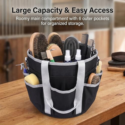 Horse Grooming Tote Bag with 6 Pockets & Drawstring Closure, Portable Grooming Bag for Horses, Waterproof Tack Bag with Shoulder Strap for Horse Grooming Supplies, Equestrian Grooming Kit Organizer