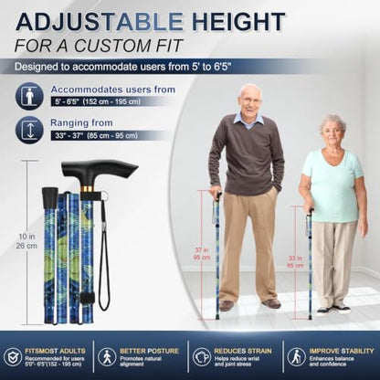 supregear Folding Cane, 5-Level Adjustable Height Walking Stick Lightweight Collapsible Portable Travel Cane with Wrist Strap and T Handle for Elderly Disabled Men Women - color: Oriental Blue